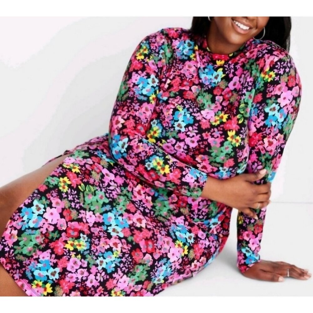 Future Collective Floral Long Sleeve Women's Mock Neck Dress Size 2X